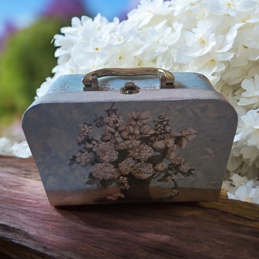 Decorative Box Gold Handle Green & Blue W White Flowers 10"x7.5"x4" Deep.